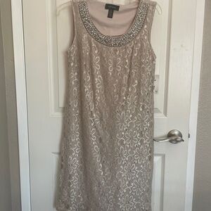 Connected Apparel Lace Mini Dress with Beaded Neckline in Cream